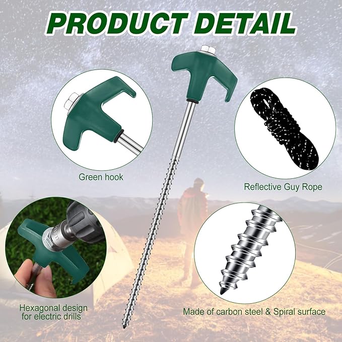 20 Pcs 8'' Screw in Tent Stakes Heavy Duty Camping Stakes Ground Anchors Metal Canopy Stakes Tent Spikes Stake Pegs with 4 x 10 ft Ropes for Sand Hiking Travel with Hex Head Driver(Green)