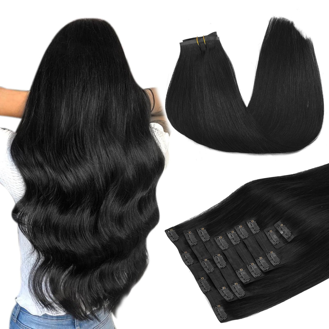 Clip In Human Hair Extensions, Jet Black 130G 9Pcs 14 Inch, Doores Seamless Hair Extensions Clip Ins Natural Hair Extensions Str