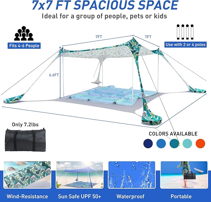 Beach Tent Pop Up Sun Shade Canopy Sun Shelter UPF50+ with 4 Stability Poles/Carry Bag/Ground Pegs/Sand Shovel/Windproof Ropes Portable Outdoor Family Sunshade for Beach Camping Fishing Picnic