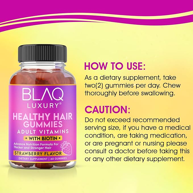 Blaq Luxury Biotin Gummies - Hair Growth Vitamins with 5000mcg Biotin per Serving | Vitamins B12, B6, Folic Acid, Iodine, Zinc | Hair Supplement for Hair Growth | for Women & Men | 1 Month Supply