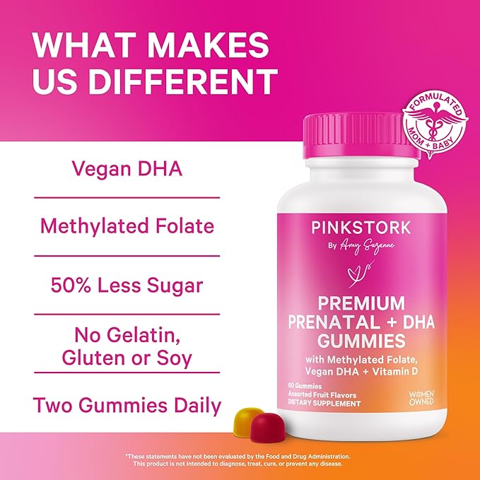 Pink Stork Premium Prenatal Gummy Vitamins with DHA, Folate, and Vitamin D - Multivitamin and Nutrient Blend for Neural Tube and Fetal Brain Development - Pregnancy Must Haves - 60 Vegan Gummies