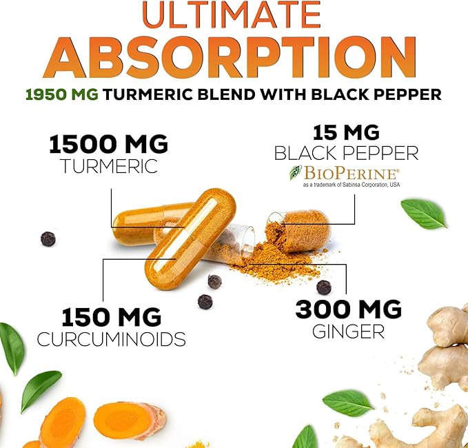 Turmeric Curcumin Supplement 1950mg with Organic Turmeric & Ginger, 95% Curcuminoids, BioPerine Black Pepper for Best Absorption, Nature's Vegan Joint Support, Non-GMO, Bottled in USA - 120 Capsules