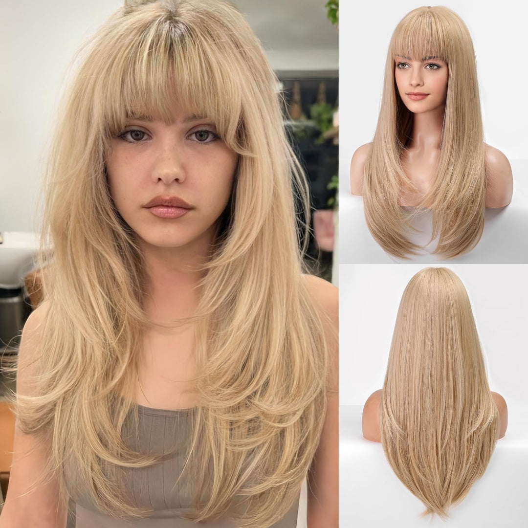 EMMOR 613 Blonde Wig With Bangs For Women Long Straight Wigs Synthetic Layered Hairstyle For Girls Party Cosplay And Daily Use(26" Platinum Blonde)