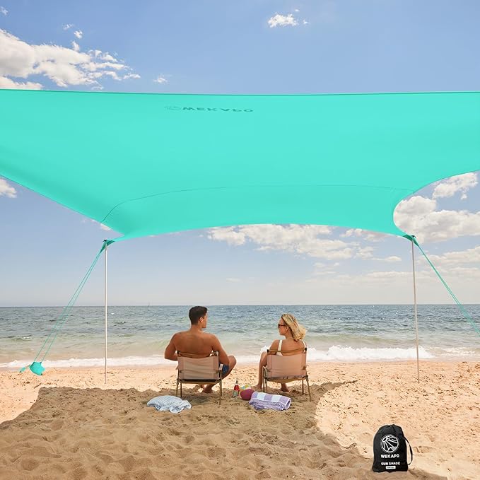 WEKAPO Beach Tent Sun Shelter - Easy Setup Beach Canopy with 4 Sturdy Poles, Large Sandbags and Shovel, 6'7'' Tall, Windproof Sun Shade for Backyard and Camping, UPF 50+ Protection