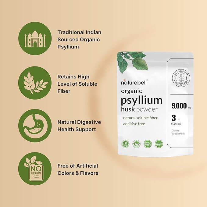 Organic Psyllium Husk Powder, 3 Lbs (48 Oz) | 9,000mg Per Serving – Natural Soluble Fiber – Great for Gut Health, Keto Baking, Mixing Shakes, Juices, & More – Unflavored, Non-GMO, No Additives