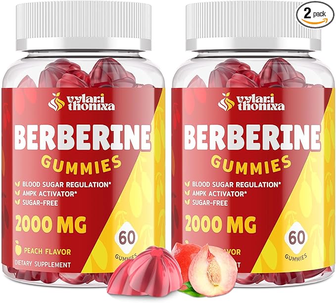 2000mg Berberine Supplement Gummies - High Potency Berberine with Ceylon Cinnamon Candy, Turmeric, Magnesium, Chromium - Sugar Free, Vegan, Non-GMO, Gluten-Free - Peach Flavor 60 Gummies - 2 Pack