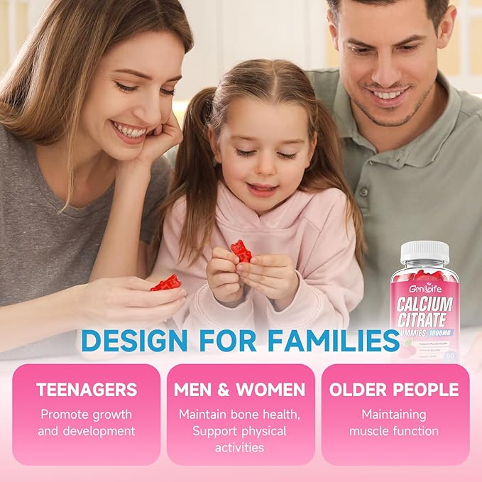 Calcium Citrate Gummies, Sugar Free Calcium Citrate 1000mg for Muscle Healthy, Absorption Calcium Supplements for Adults & Kids, Raspberry, 60 Count