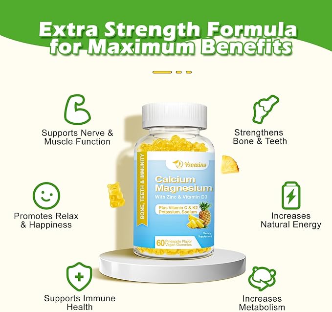 High Absorption Calcium Gummies, Sugar Free Calcium Magnesium Gummies with Vitamin D3 for Men and Women, Pineapple Flavor 120 Cts