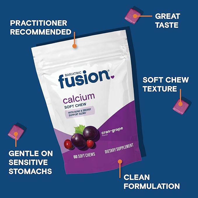 Bariatric Fusion Bariatric Calcium Chews | Calcium Citrate with Vitamin D3 Calcium Supplement Bariatric Vitamin | Sugar Free Calcium Citrate Chewable | Calcium Citrate 500mg | Cran Grape | 60 Count