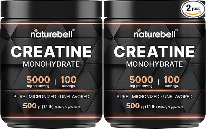NatureBell 2 Pack Instant Creatine Monohydrate Powder 500 Grams, 5000mg Per Serving, Unflavored Micronized Creatine Powder - Pre Workout | Keto | Vegan | Dissolves Easy | Filler Free