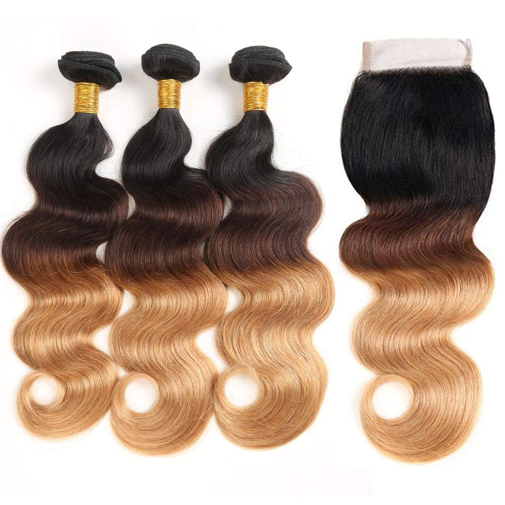 Ombre Blond Bundles with Closure 100% Brazilian Virgin Human Hair #1B/4/27 Body Wave Blond Human Hair Bundles with 4x4 Lace Closure Hair Extension 3 Bundles with Closure (14 16 18+12#T1B/4/27)