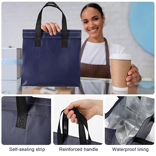 50 Pcs Insulated Take Away Bags Bulk Thermal Insulation Food for Coffee Milk Tea Hot Cold Food Fresh Seafood Cooler Pizza Delivery Bags for Catering Restaurant Grocery (Navy Blue)