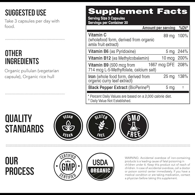 Organic Iron Supplement | Whole Food Iron & Cofactors, 25 mg Elemental Iron | Enhanced Absorption Plus Blood Builder Vitamins - Gentle Form - Support Healthy Iron Level & Blood Health - 90 Capsules