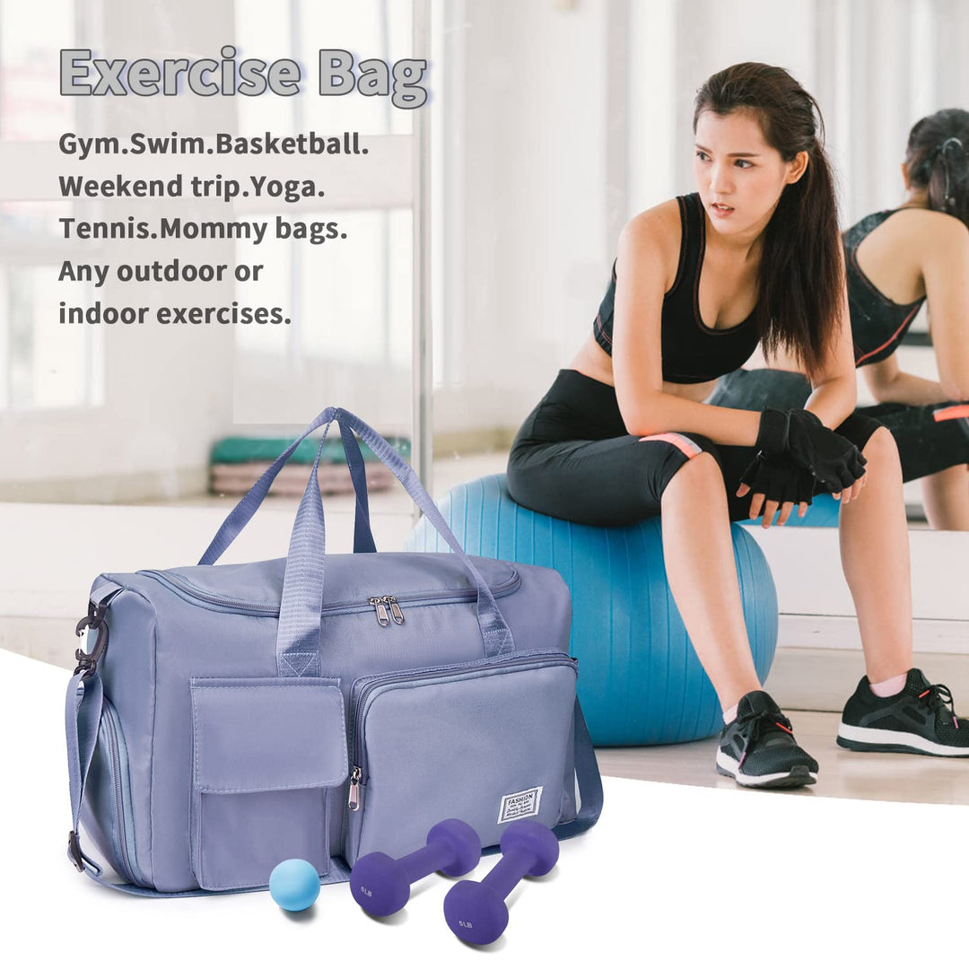 FIORETTO Women's Water-Resistant Gym Duffle Bag with Shoes Compartment, 37L Capacity, Multi-Functional, Ideal for Travel, Gym, Sports, Weekender, Blue