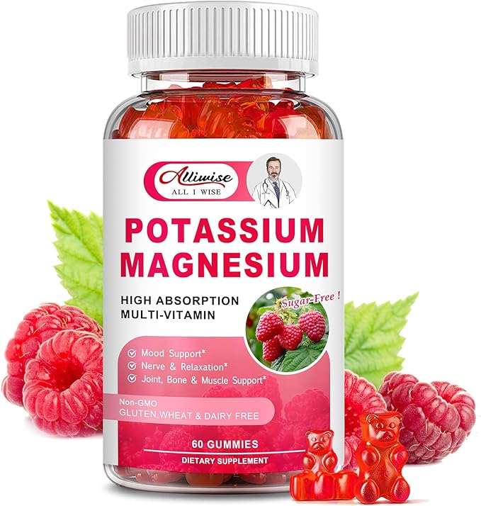 Potassium Magnesium Supplement Gummies with Potassium Citrate 200mg + Magnesium Glycinate 500mg for Bone & Muscle Relaxation,Mood & Energy Support.High Absorption Vitamin B6, D3, C.Raspberry Flavor