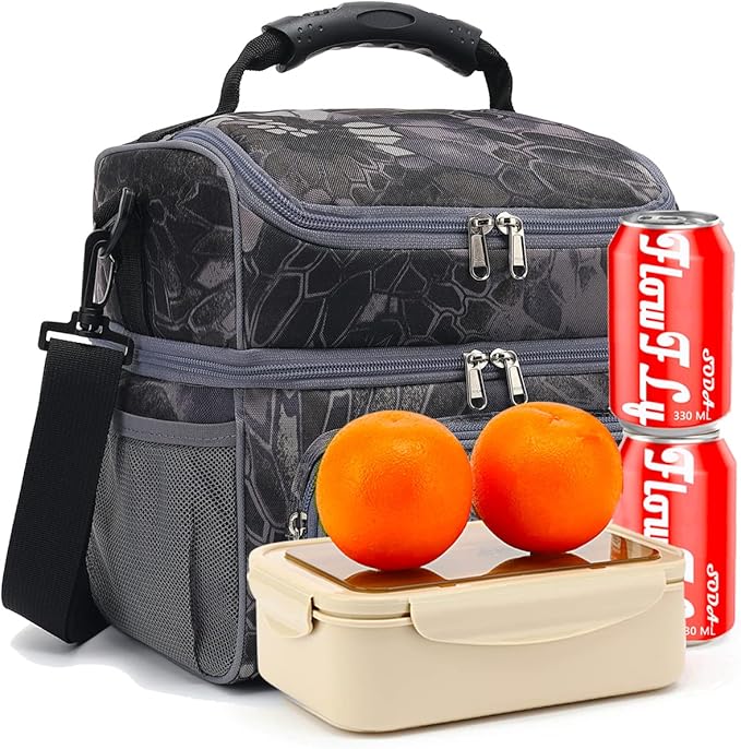 FlowFly Double Layer Cooler Insulated Lunch Bag Adult Lunch Box Large Tote Bag for Men, Women, With Adjustable Strap,Front Pocket and Dual Large Mesh Side Pockets