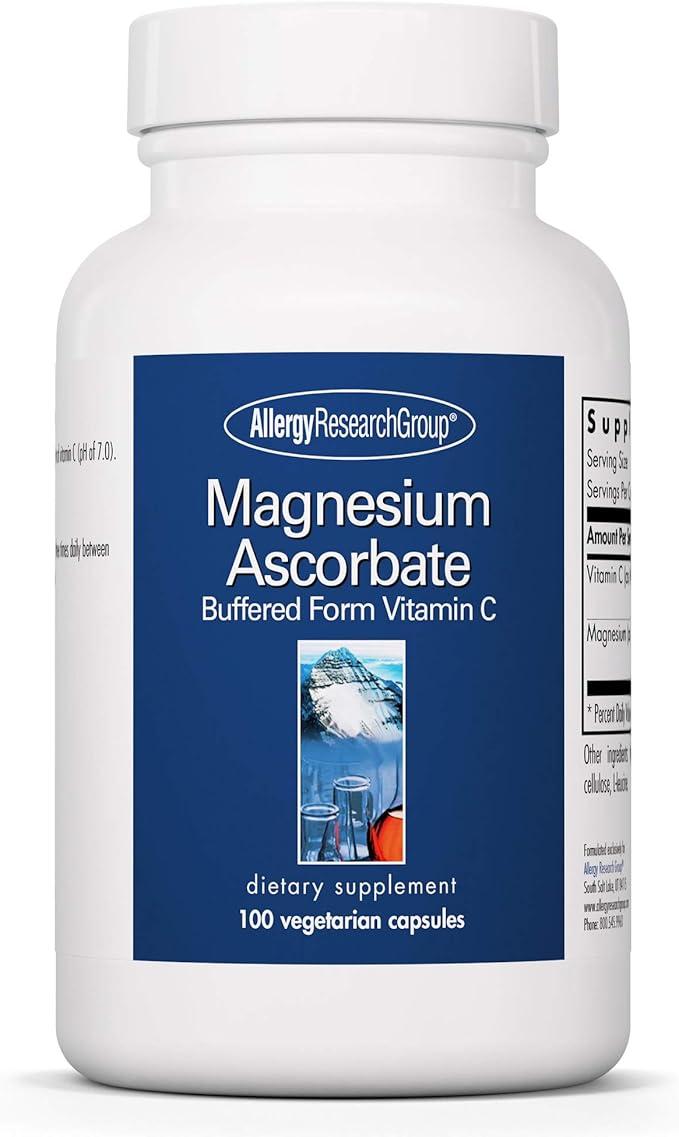 Allergy Research Group Magnesium Ascorbate Supplement - 1000mg Buffered Vitamin C, Immune Support, Magnesium Powder, Vegetarian Capsules - 100 Count