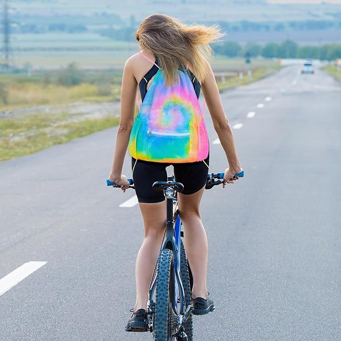 Mesh Drawstring Backpack, Large Sports Gym Bag for Women Kids with Pocket and Zipper Sackpack for Beach Yoga Football Soccer (Tie Dye Yellow)