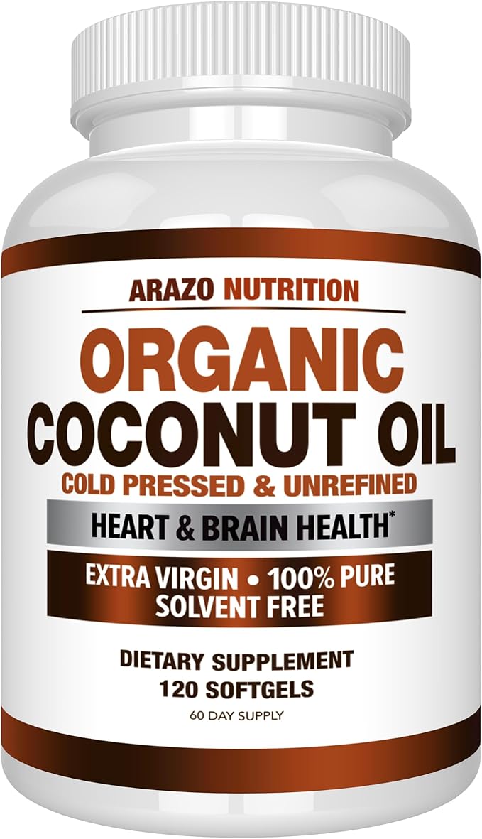 Arazo Nutrition Organic Coconut Oil 2000 MG - 100% Extra Virgin Unrefined Cold Pressed for Weight Support, Skin, Hair, Nails - 120 Softgel Capsules