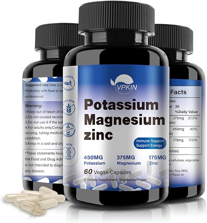 Potassium Magnesium Supplement 1000mg,Magnesium Potassium Zinc for Leg Cramps,High Absorption Magnesium Complex,Vegan (60 Capsules)