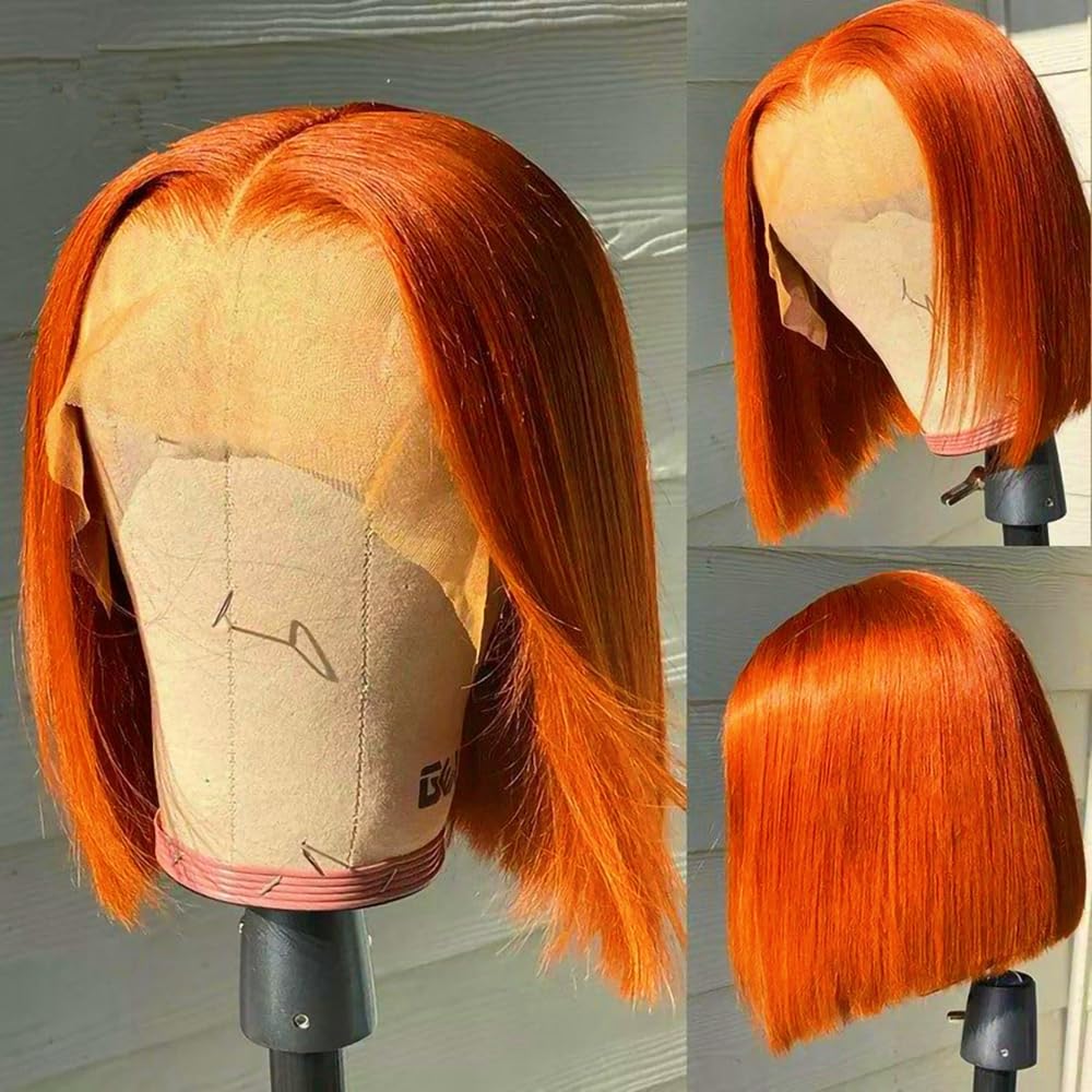 Guebb Glueless # 350 Ginger Orange 13X4 Hd Transparent Lace Front Bob Wig Human Hair Pre Plucked Lace Frontal Short Blunt Cut Bo