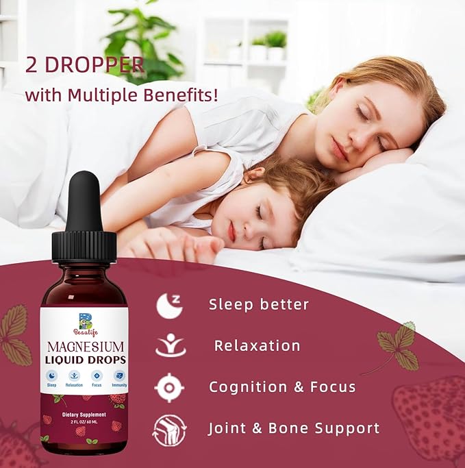 Magnesium Liquid Drop, 1000mg Magnesium Supplement，with Magnesium Glycinate & Citrate, Strawberry Flavor, Calm Mood, Sleep ，Relaxation, Immune, Heart for Adults and Kids
