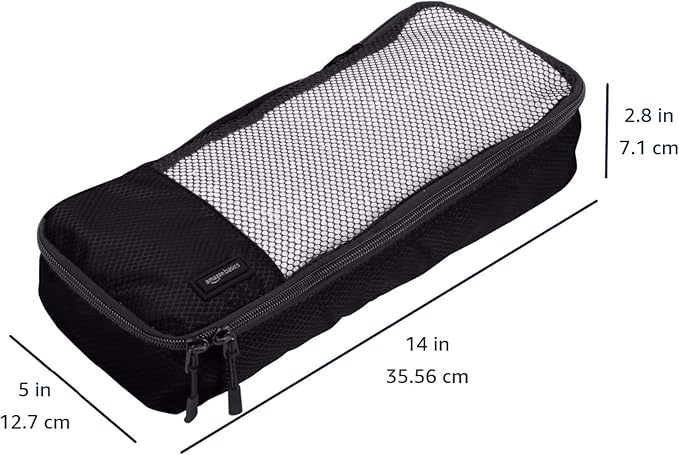 Amazon Basics Slim Packing Cubes for Travel, Packing Organizers, 4-Piece-Set With Double Zipper Pulls and Mesh Top Panel, 100% Durable Polyester, Black, 14"L x 5"W x 3"H