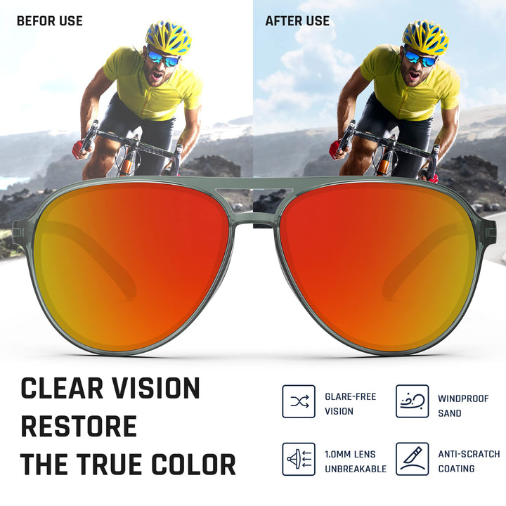 TOREGE Aviator Sunglasses Polarized Sunglasses for Men Women, Lightweight Sports Glasses UV400 Protection For Cycling Fishing Boating Beach Golf Driving TR75(Gray&Black&Orange Red Lens C8)