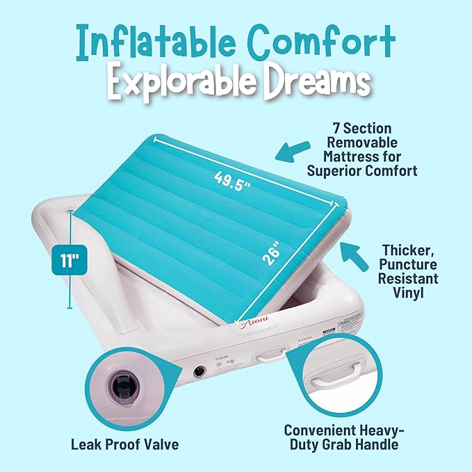 Asani Inflatable Toddler Travel Bed, Electric Pump, Leakproof Air Mattress, Bumpers, Carry Case, Pillow - Fits Kids Up to 4ft - Blue | Portable, Foldable, Ideal for Camping & Sleepovers