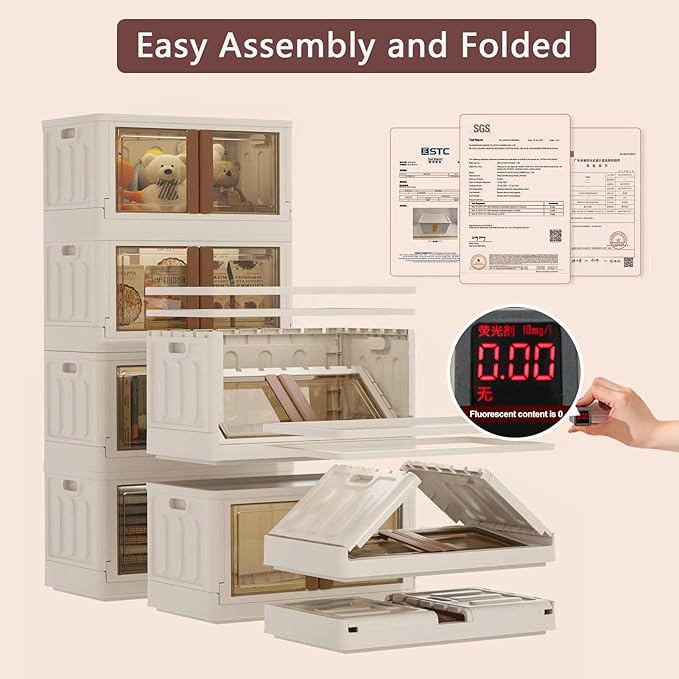 19Gal Collapsible Storage Bins with Lids & Wheels - 2 Pack Stackable with Doors, Heavy-Duty Plastic Cabinet for Home/Office, Milk White