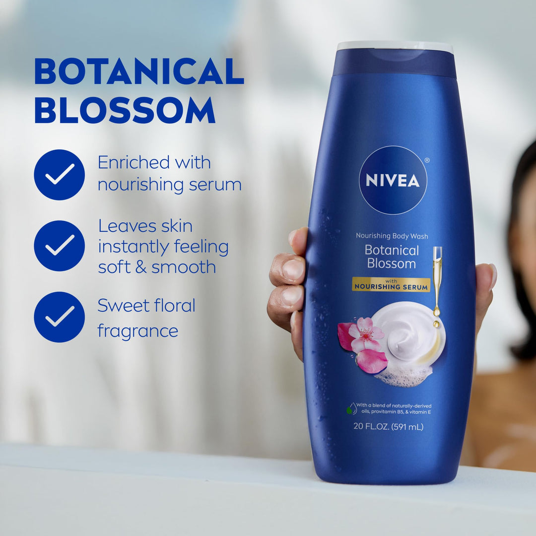NIVEA Nourishing Botanical Blossom Body Wash with Nourishing Serum, Moisturizing Body Wash for Women, Enriched with Provitamin B5 and Vitamin E, 20 Fl Oz Bottle