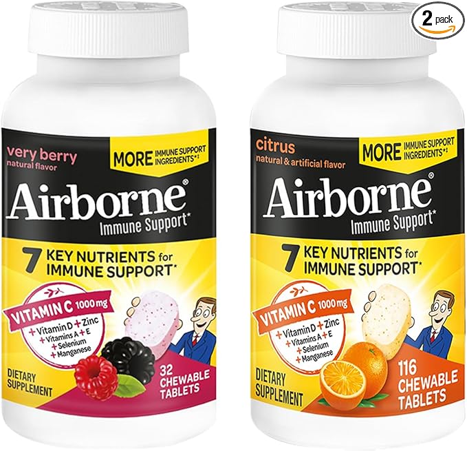 Airborne 1000mg Vitamin C + Zinc Immune Support Supplement Chewable Tablets, Very Berry & Citrus Flavor with Powerful Antioxidants Vitamins A C & E, 116 Chewable Tablets