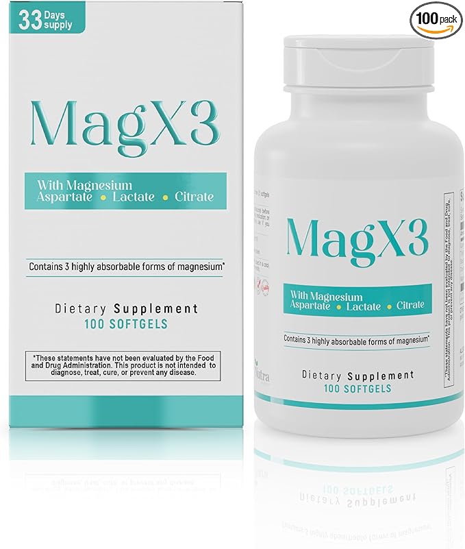 Nutra Mag X3 Triple Magnesium Complex –Super Calm Stress Relief & Cortisol Reducer, Magnesium Aspartate, Citrate & Lactate Formula for Nerve Health & Wellness Best Magnesium Supplement for Women & Men
