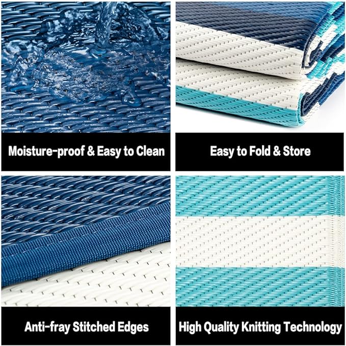 Outdoor Waterproof Rug 8'x10' Plastic Straw Rugs Washable Reversible Floor Mat Blue Stripe Carpet for Camping RV Deck Entryance Porch Picnic Balcony Beach Backyard