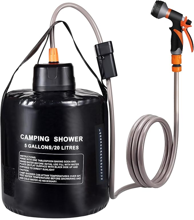 5 gallon/20L Water Bag,Portable Outdoor Camping Shower,Sun Heating,Electric Shower,8 Spray Modes,with Built-in Thermometer,Suitable for Hiking/Backpacking,Camping,Travel,Beach,Pets,Flowers