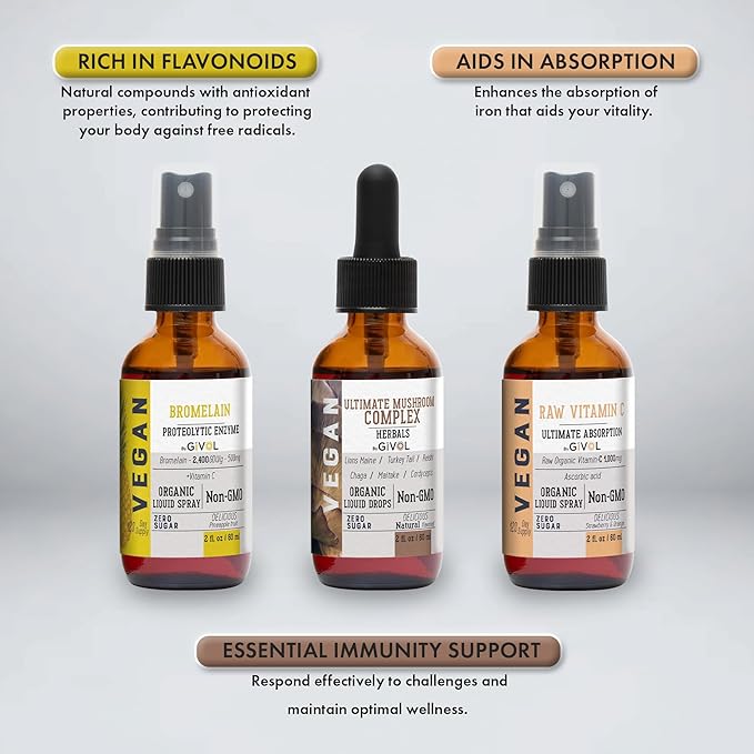 Inflammation Defense Bundle: Ultimate Mushroom Complex with Lions Mane, Reishi, Cordyceps & Chaga, Raw Vitamin C, and Bromelain | Non-GMO | Gluten-Free | Sugar-Free | 2 Fl Oz | 240-Days Supply