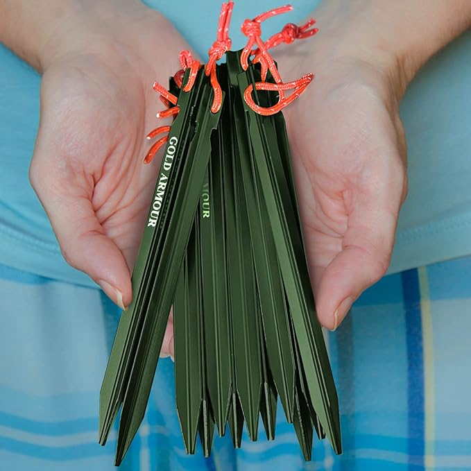 Gold Armour Tent Stakes - 12 Pack Heavy Duty, Lightweight, Camping Stakes Pegs for Outdoor Tent and Tarp, Essential Camping Gear Equipment Accessories (Green)