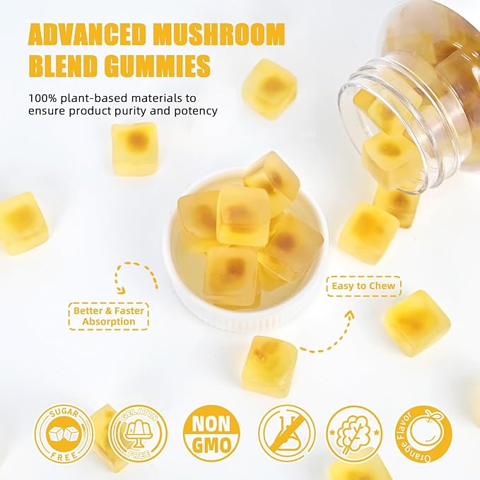 Lion's Mane Mushroom Gummies for Adults - Mushroom Complex Supplement Gummies for Kids Focus And Energy Sugar Free With Cordyceps Green Tea, Mood Gummies Organic Vegan Non Gmo Orange Flavor 60ct