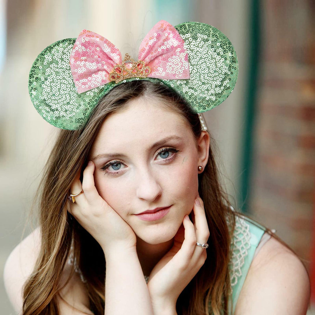 RAZKO Minnie Ears Headband, Sequin Mickey Mouse Ears for Women Girls Hair Accessories (Green Crown L)