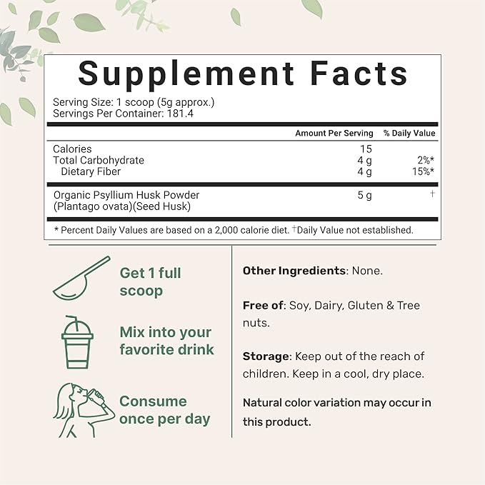 Organic Psyllium Husk Powder, 2 Pounds (32Oz) - Unflavored - Soluble Fiber Supplement for Baking, Smoothie and Beverage, India Origin, Keto Diet, Gluten Free, No GMOs, and Vegan Friendly