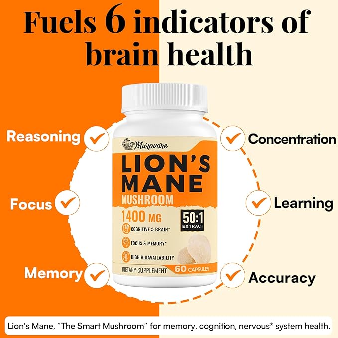 70,000mg Lions Mane Supplement Capsules - 50X Strength Potency Lions Mane Supplement Extract, 50% Polysaccharides & Beta - 180 Caps
