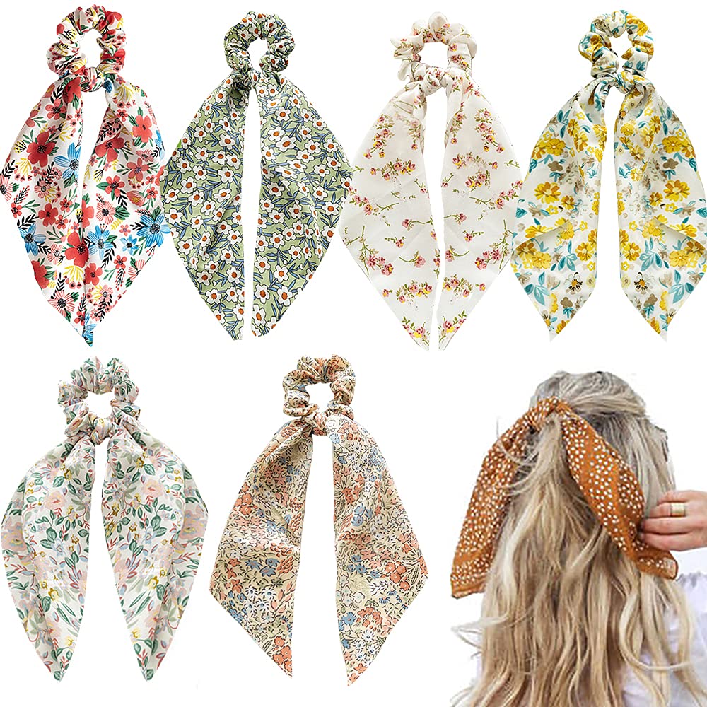 6 Pcs Floral Hair Scarf Scrunchies Bowknot Floral Hair Ribbons Ties Chiffon Scarf Scrunchies Bow Ties Hand Bands Elastic Ropes L
