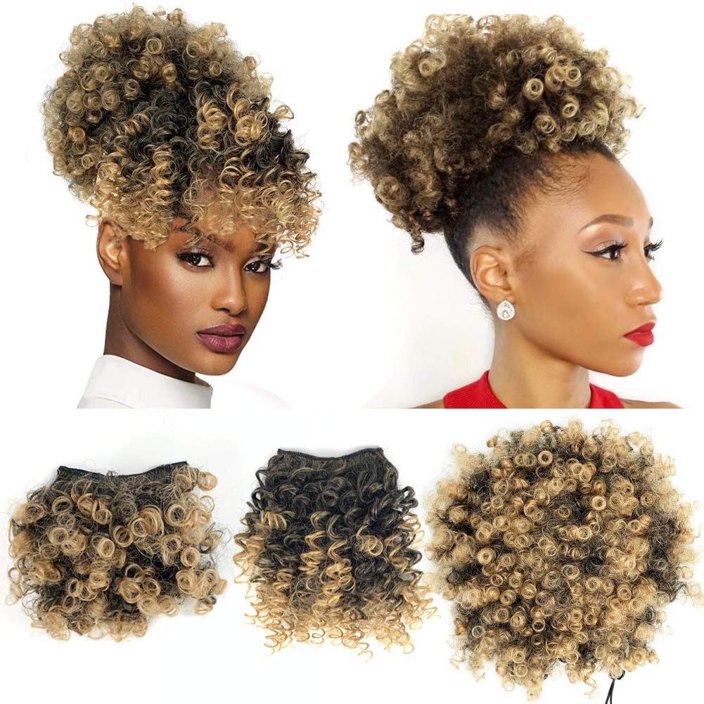 Allyreetress Afro Puff Drawstring Ponytail With 2 Replaceable Bangs Afro High Puff Bun With Spring Curl Bangs And Afro Puff Bang