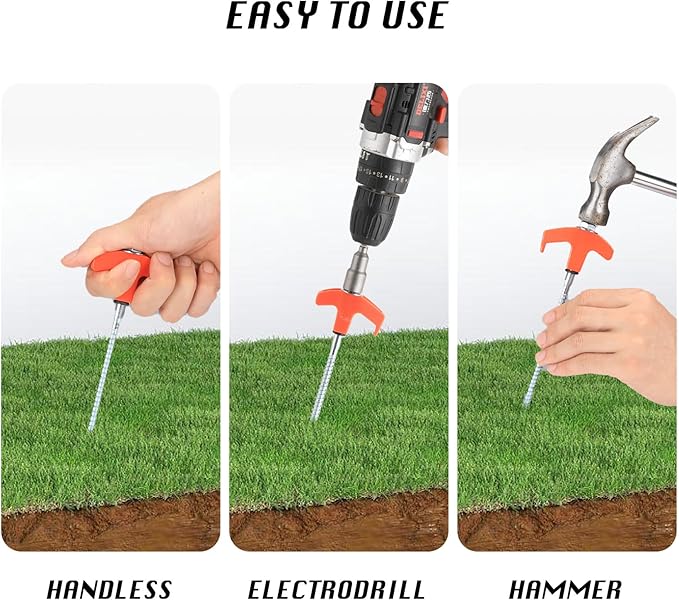 8" Screw in Tent Stakes 8PCS - Ground Anchors Screw in, Screw in Tent Stakes Heavy Duty, Galvanized - Camping Tent Accessories, Metal Threaded Tent Spikes with Hex Head Driver and Storage Bags