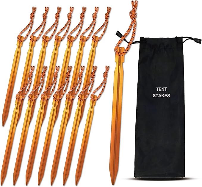 15Pack Tent Stakes, 7075 Aluminum Tent Stakes Heavy Duty, Lightweight Metal Stakes with Pull Rope, Tent Pegs for Backpacking, Durable Camping Tent Accessories, Orange