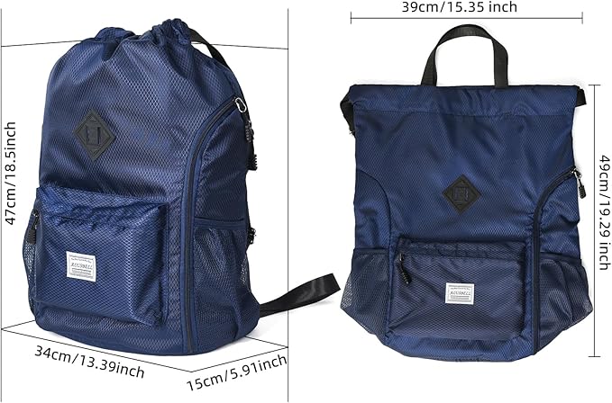ALUSBELL Large Drawstring Backpack Bag, Sports Gym Bag String Sackpack with Shoes Compartment, Waterproof String Bag Cinch for Women Men(Navy Blue)