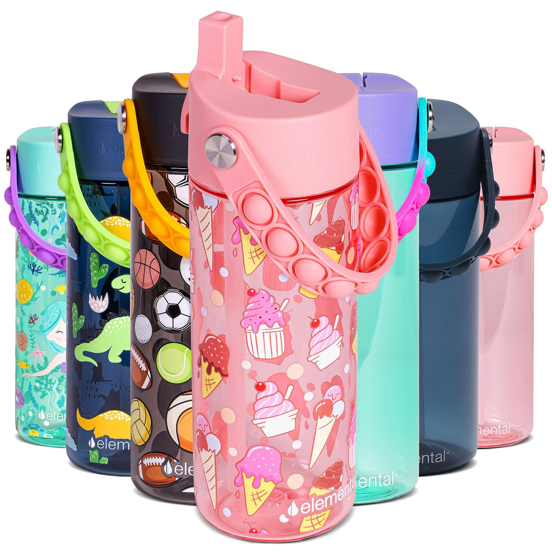 Elemental Leak Proof Water Bottles for Kids - Splash Kids Water Bottle for School with Fun Fidget Pop-it Handle - BPA Free Tritan Plastic Reusable Water Bottle with Straw - Ice Cream - 18oz