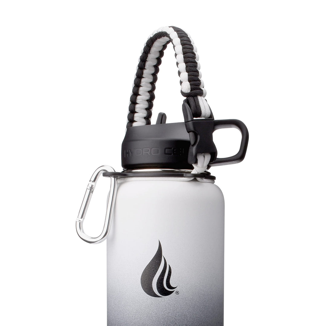 HYDRO CELL Paracord Handle for Wide Mouth Water Bottles - Carrier Strap w/Attachment Ring and Carabiner Accessory. Compatible w/ 64oz, 40oz 32oz, 24oz, 18oz, 14oz Insulated Bottles (Black/White)