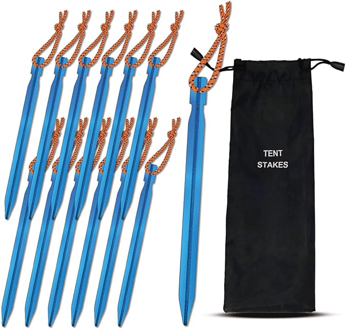 15Pack Tent Stakes, Lightweight Tent Stakes with Pull Rope, 7075 Aluminum Metal Stakes Tent Pegs for Backpacking, Durable Camping Tent Accessories, Blue