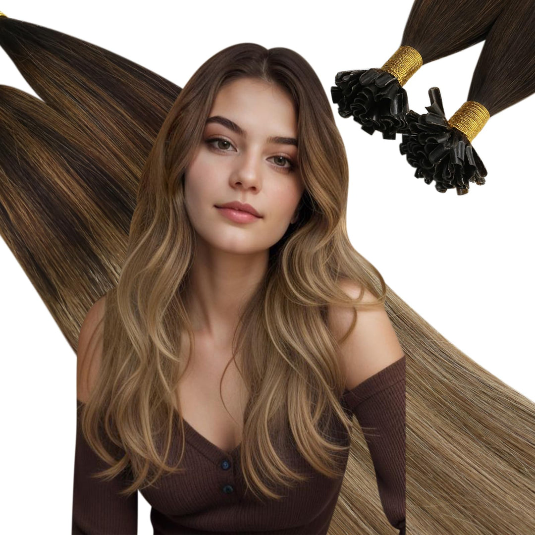 Ugeat Utip Hair Extensions Brown Ombre Hair Extensions Pre Bonded Keratin Hair Extensions Darkest Brown Mix Medium Brown With Go